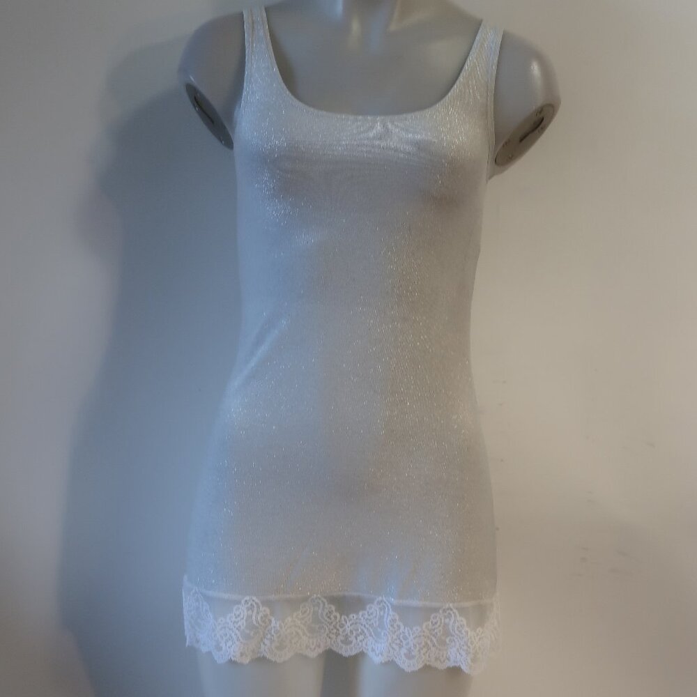 NWT Womens Only Hearts Metallic Silver Jersey Tank Top W/Lace Hem S